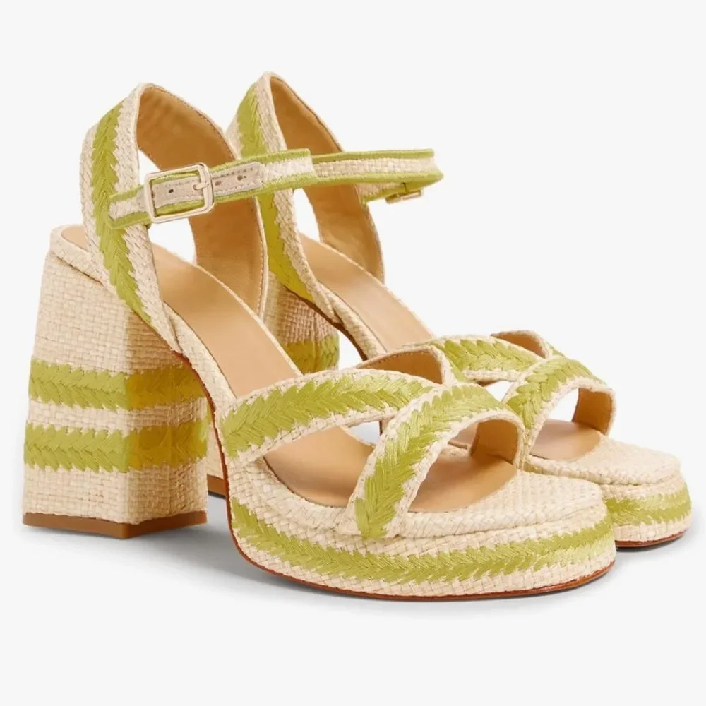 Castaner Vega Heels Heeled Sandals Shoes Raffia Embroidered Tan Green NIB 41